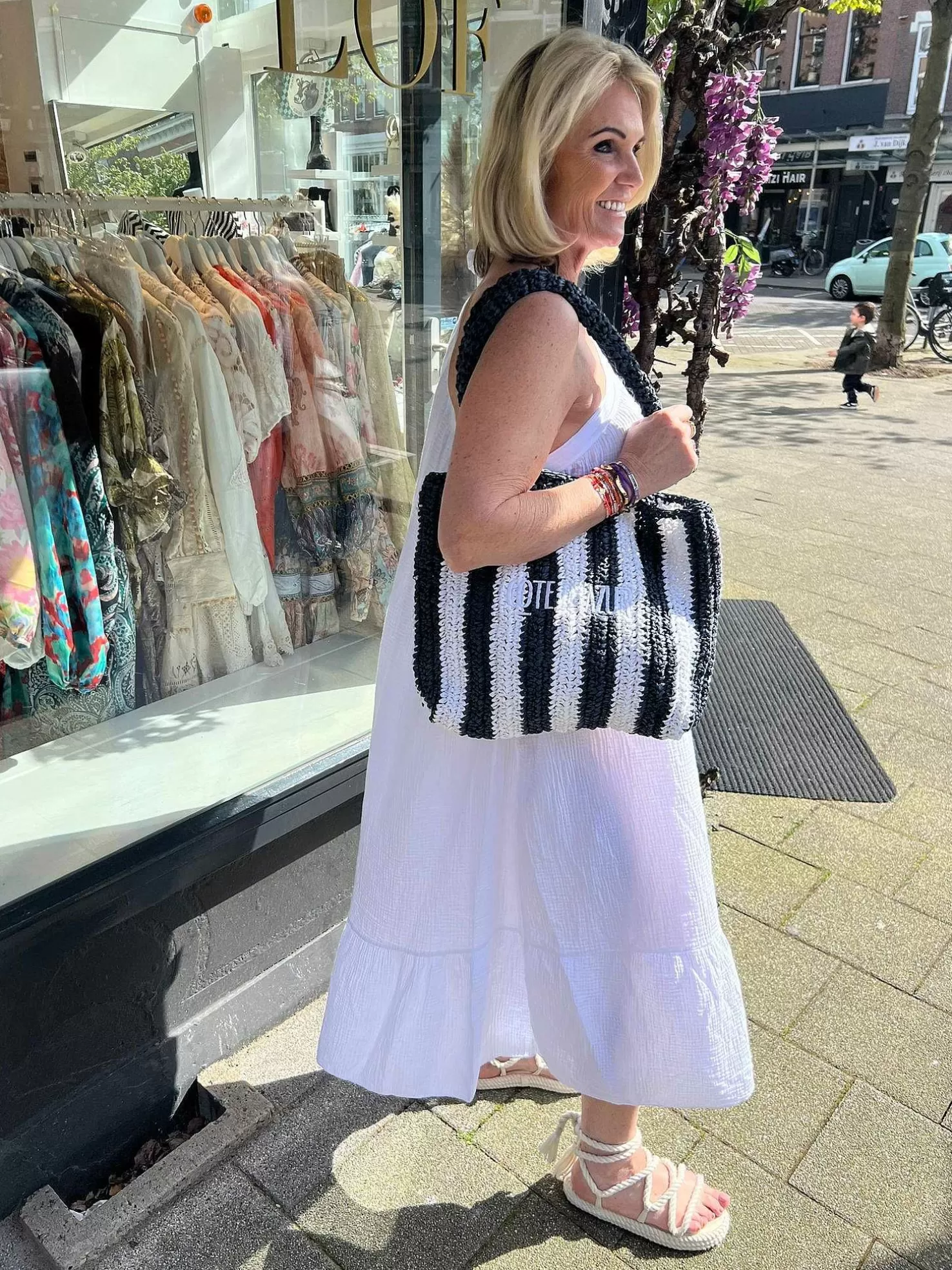 LOF Boutique Tassen>Cote D'Azur Beach Bag Off White & Navy