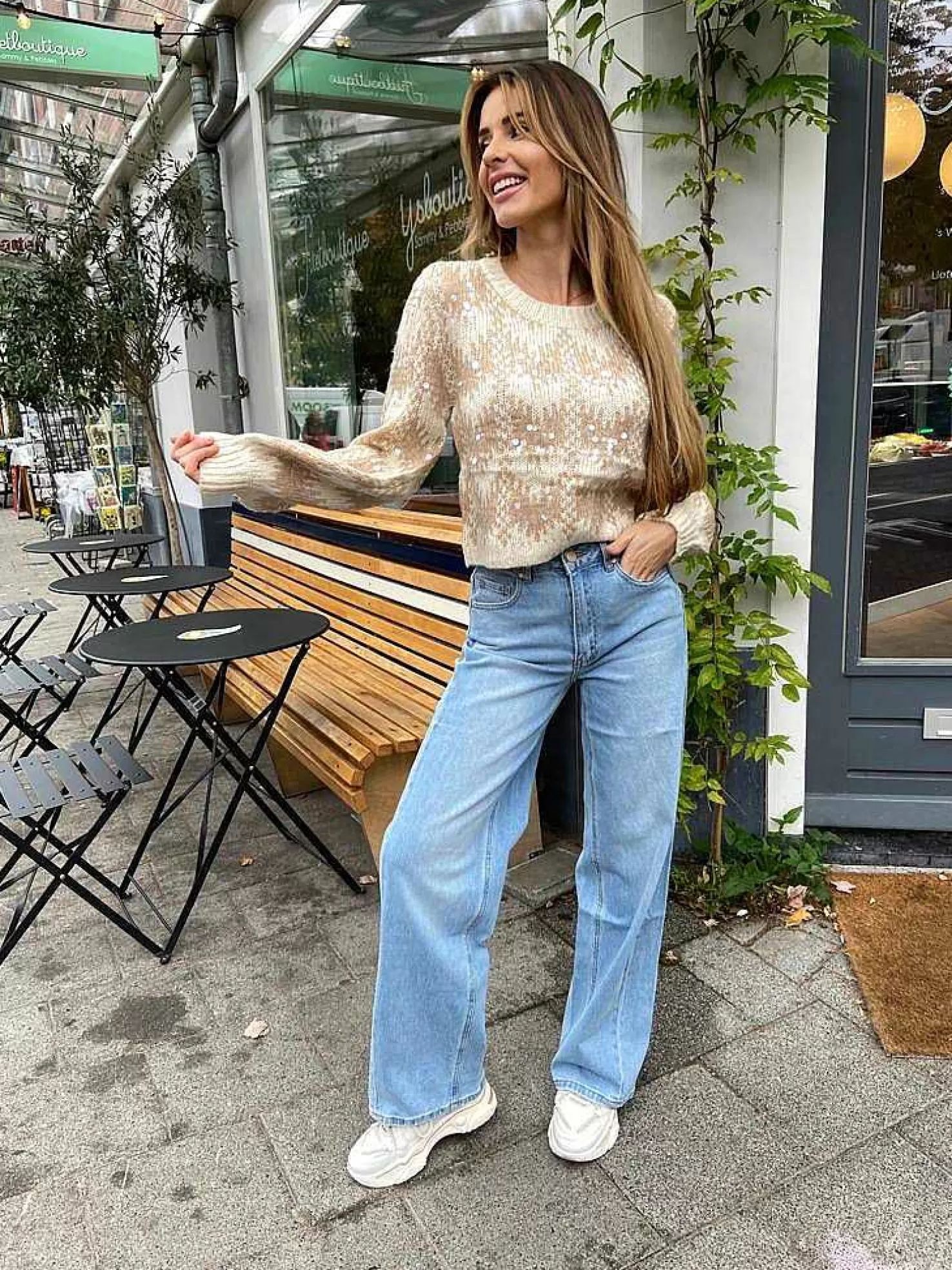 LOF Boutique Truien>Cropped Knitted Sequin Sweater Beige & Off White