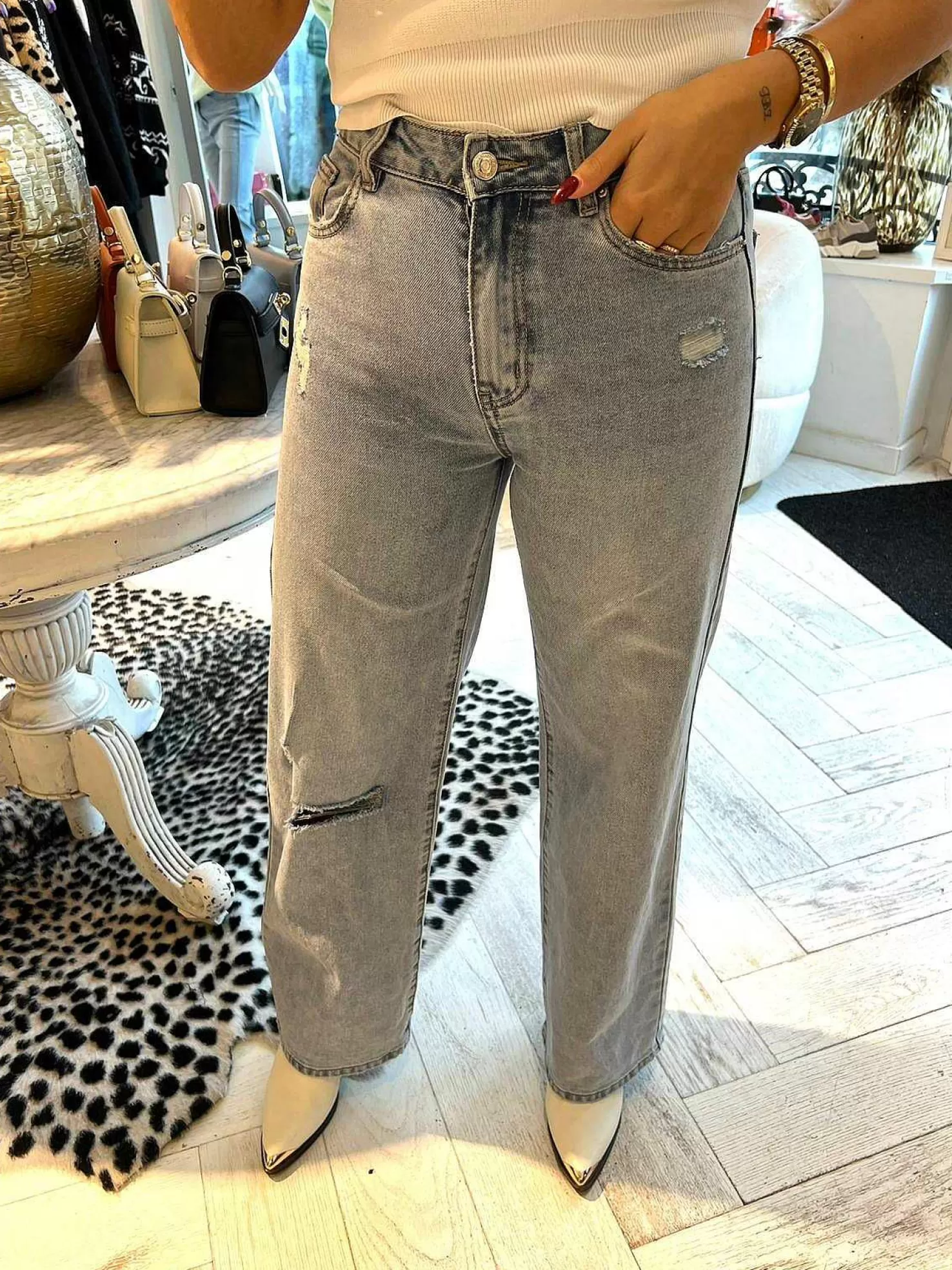 LOF Boutique Broeken>Elly Straight Fit Ribbed Knee Jeans