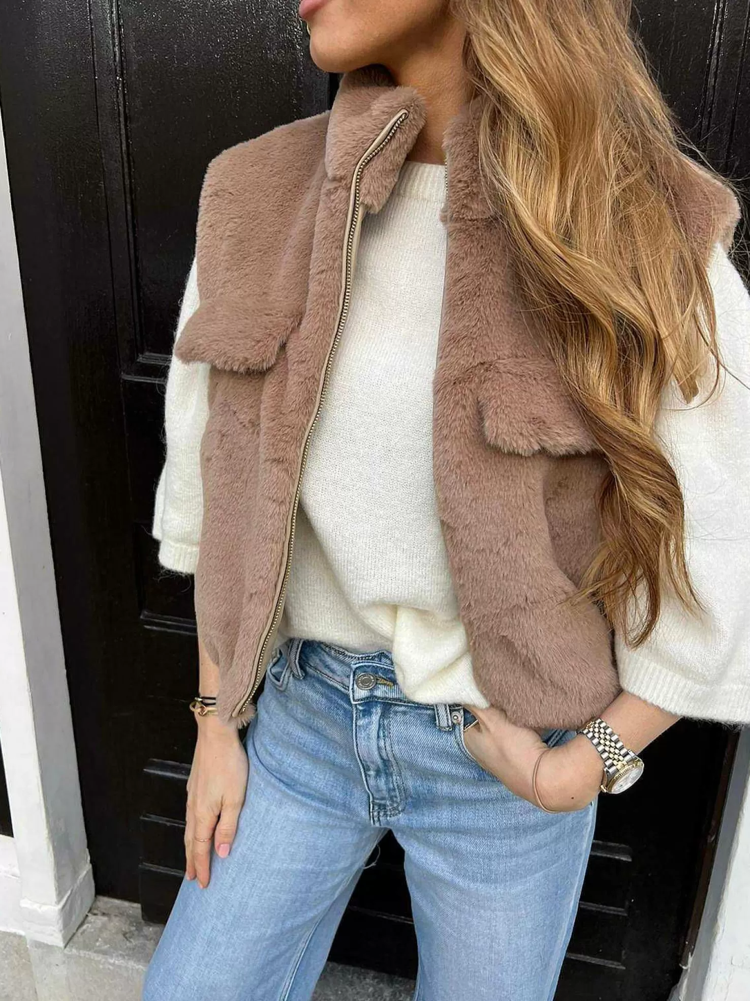 LOF Boutique Gilets>Faux Fur Gilet Choco