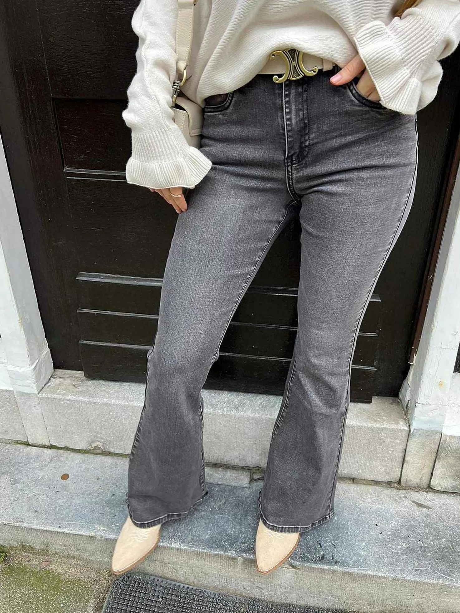 LOF Boutique Broeken>Flared Jeans Dark Grey