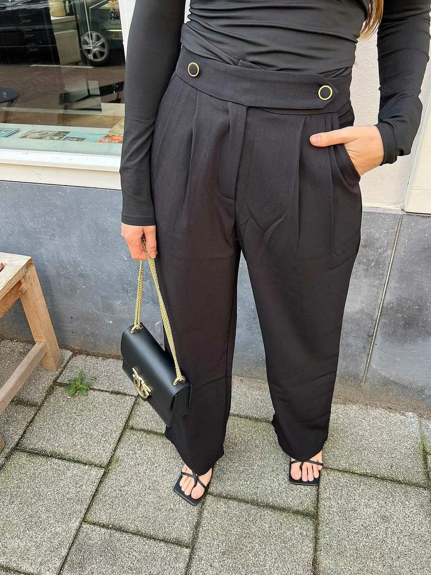 LOF Boutique Broeken>Gigi Golden Button Pantalon Black