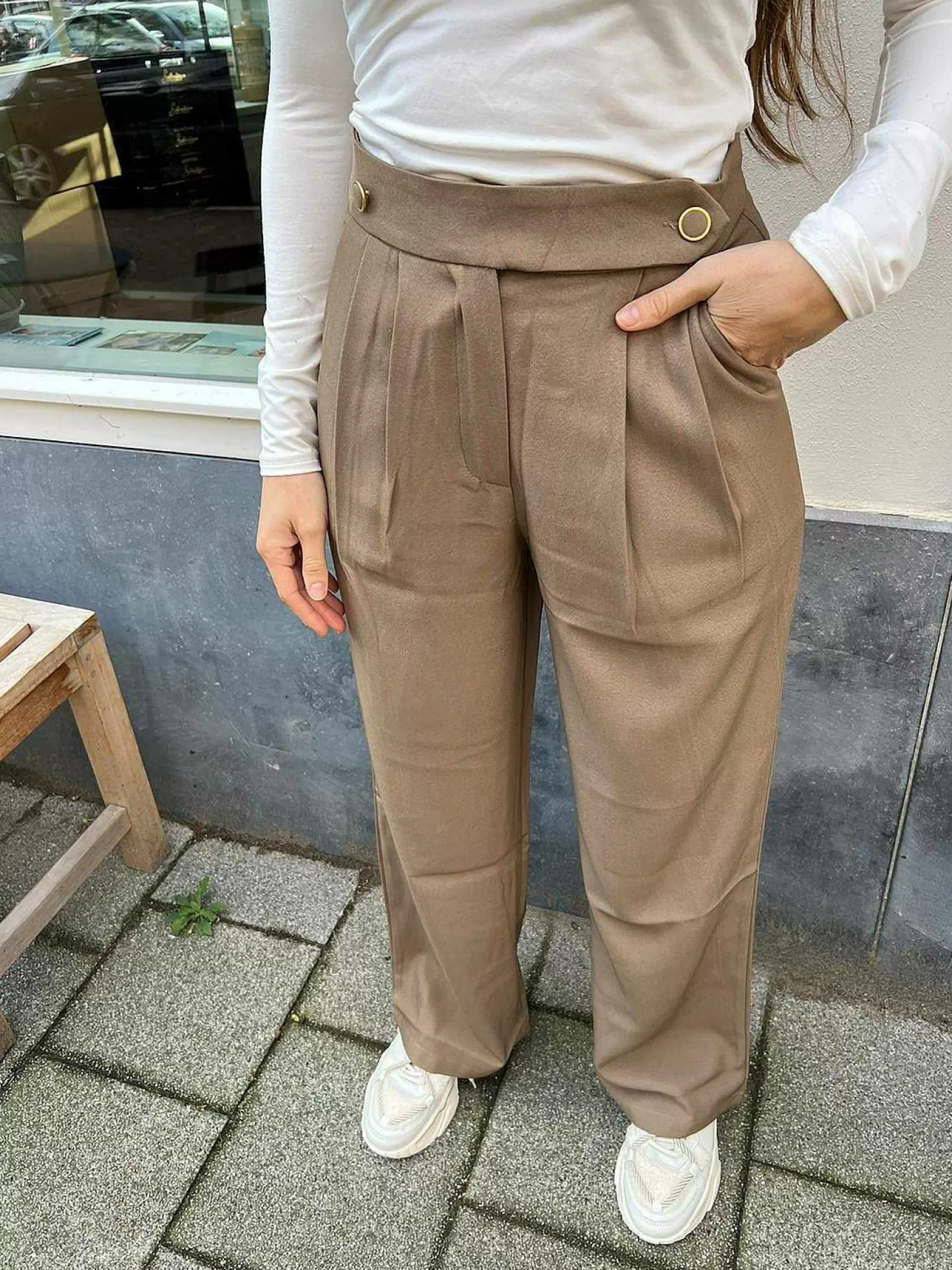 LOF Boutique Broeken>Gigi Golden Button Pantalon Choco