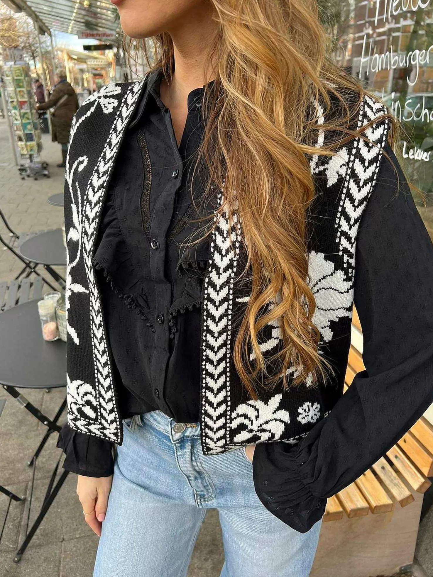 LOF Boutique Gilets>Ines Pattern Gilet Zwart