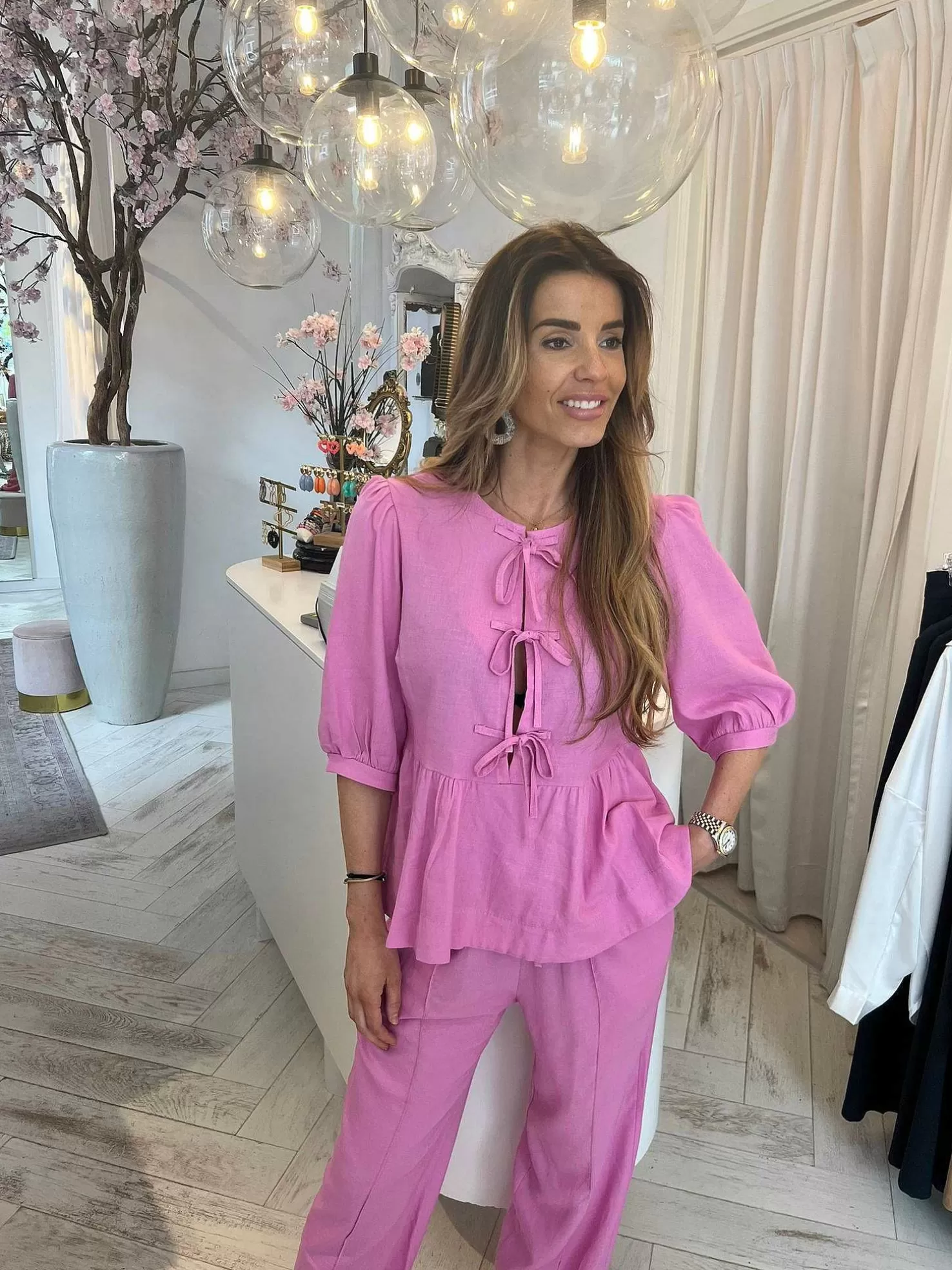 LOF Boutique Sets>Jolie Linen Bow Set Fuchsia