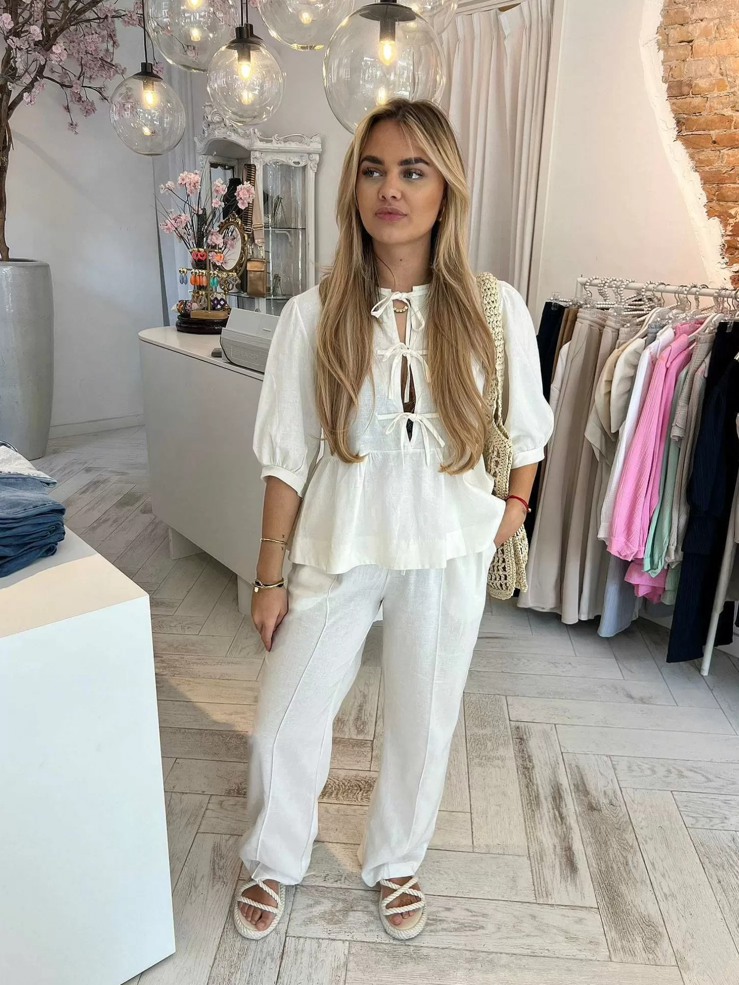 LOF Boutique Sets>Jolie Linen Bow Set Off White