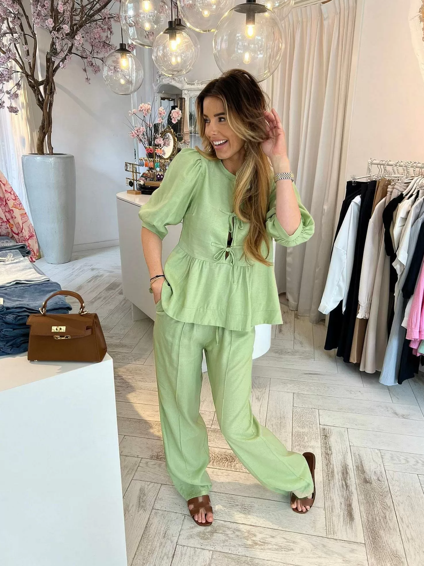 LOF Boutique Sets>Jolie Linen Bow Set Pistache