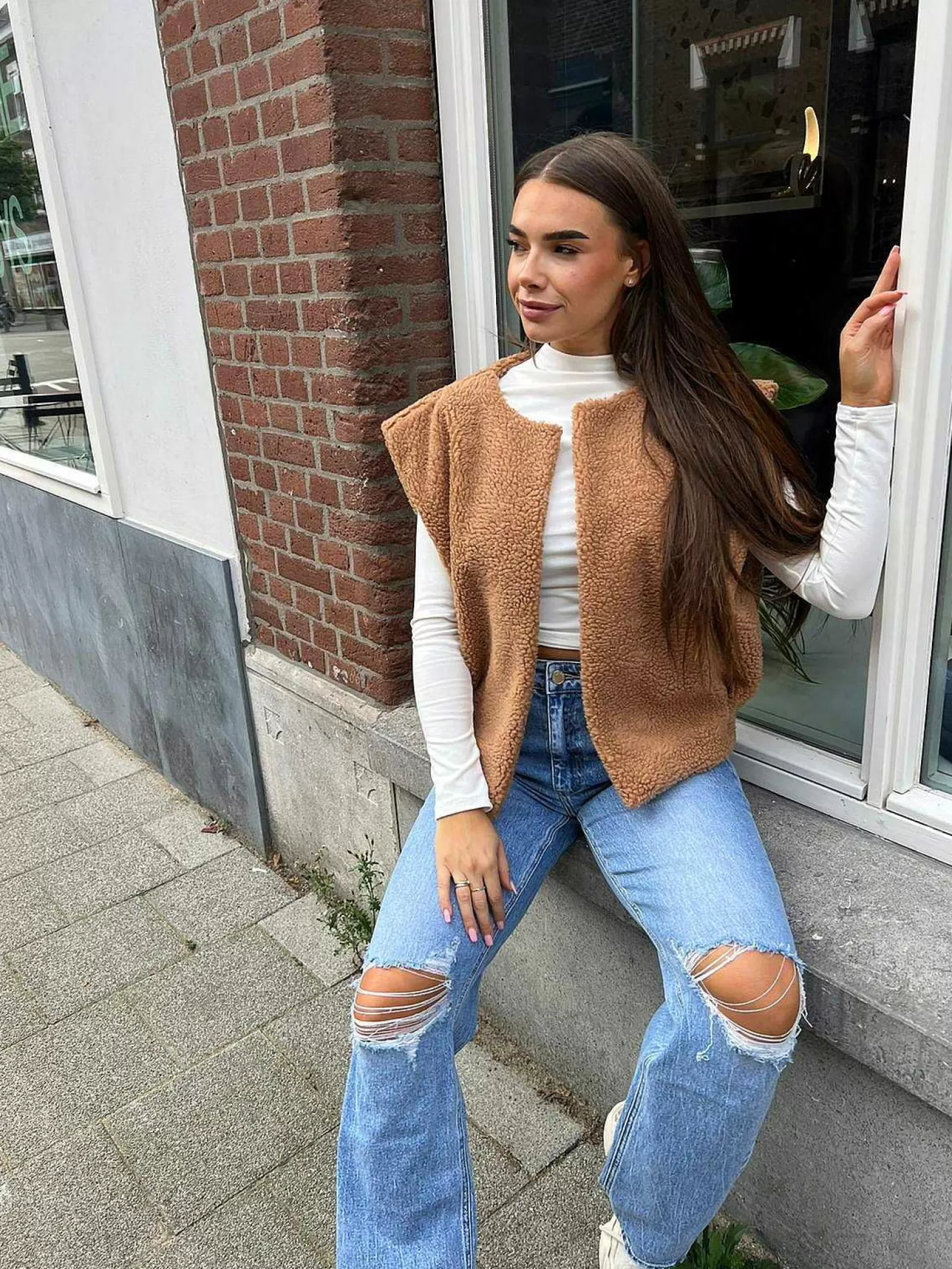 LOF Boutique Broeken>Kayley Ripped Knee Jeans Blue