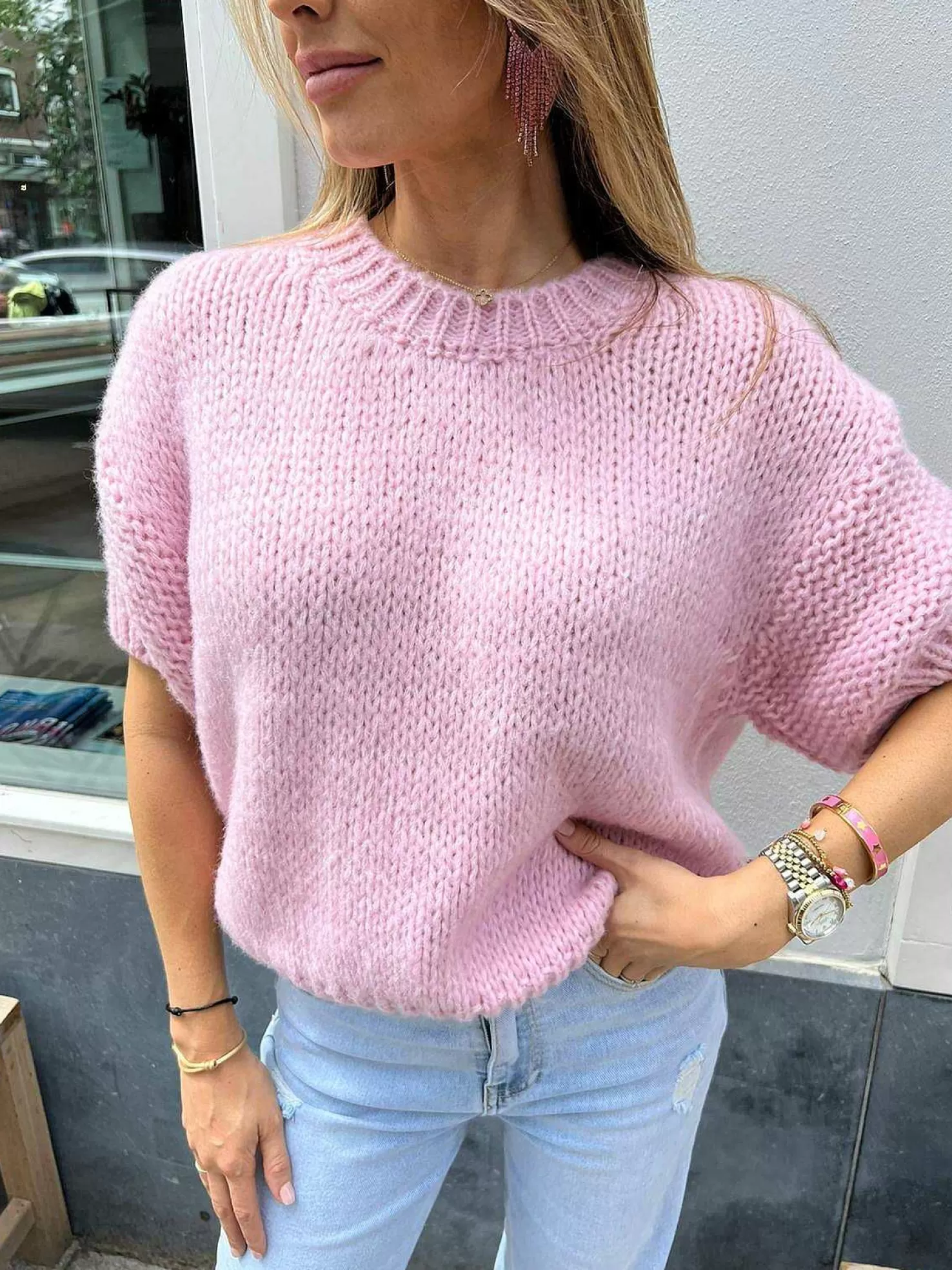 LOF Boutique Truien>Kiki Sweater Short Sleeve Baby Pink