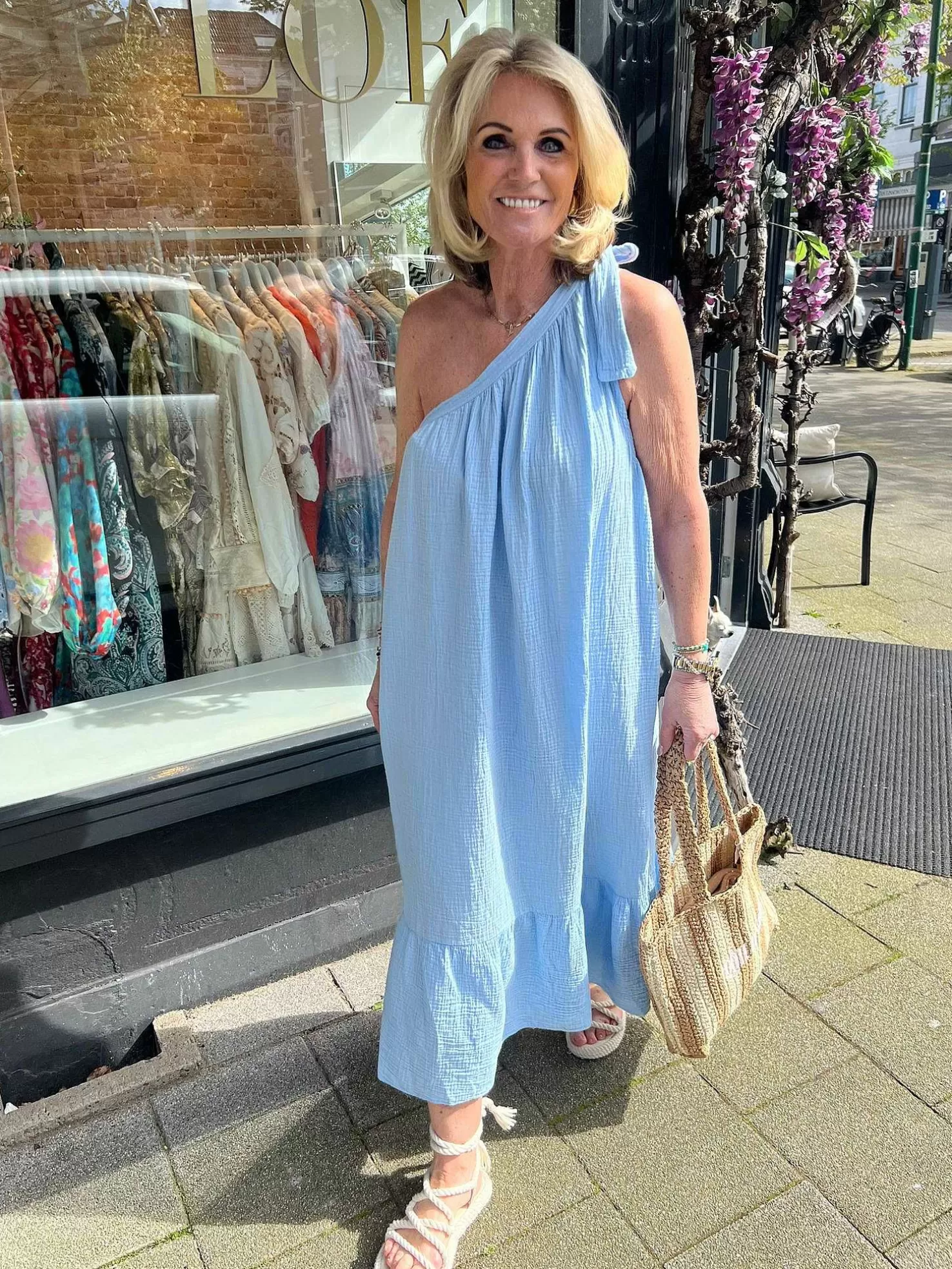 LOF Boutique Jurken>Lily One Shoulder Mousseline Dress Blue