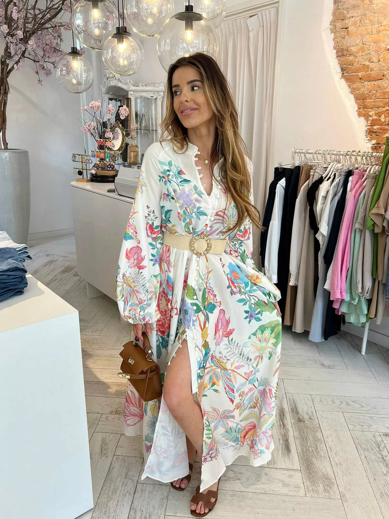 LOF Boutique Jurken>Lotta Maxi Flower Dress Beige