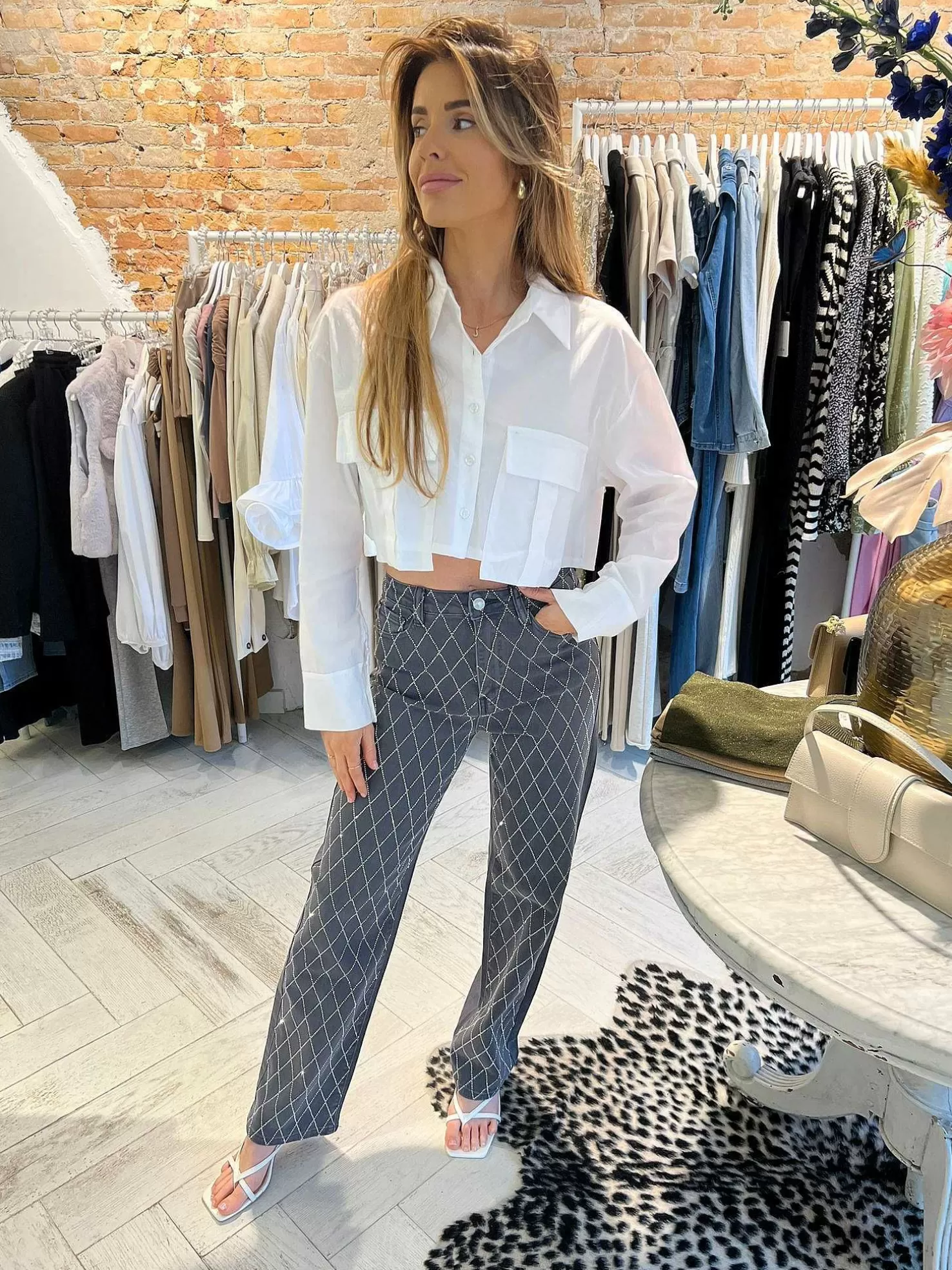 LOF Boutique Broeken>Mila Strass Jeans Grey