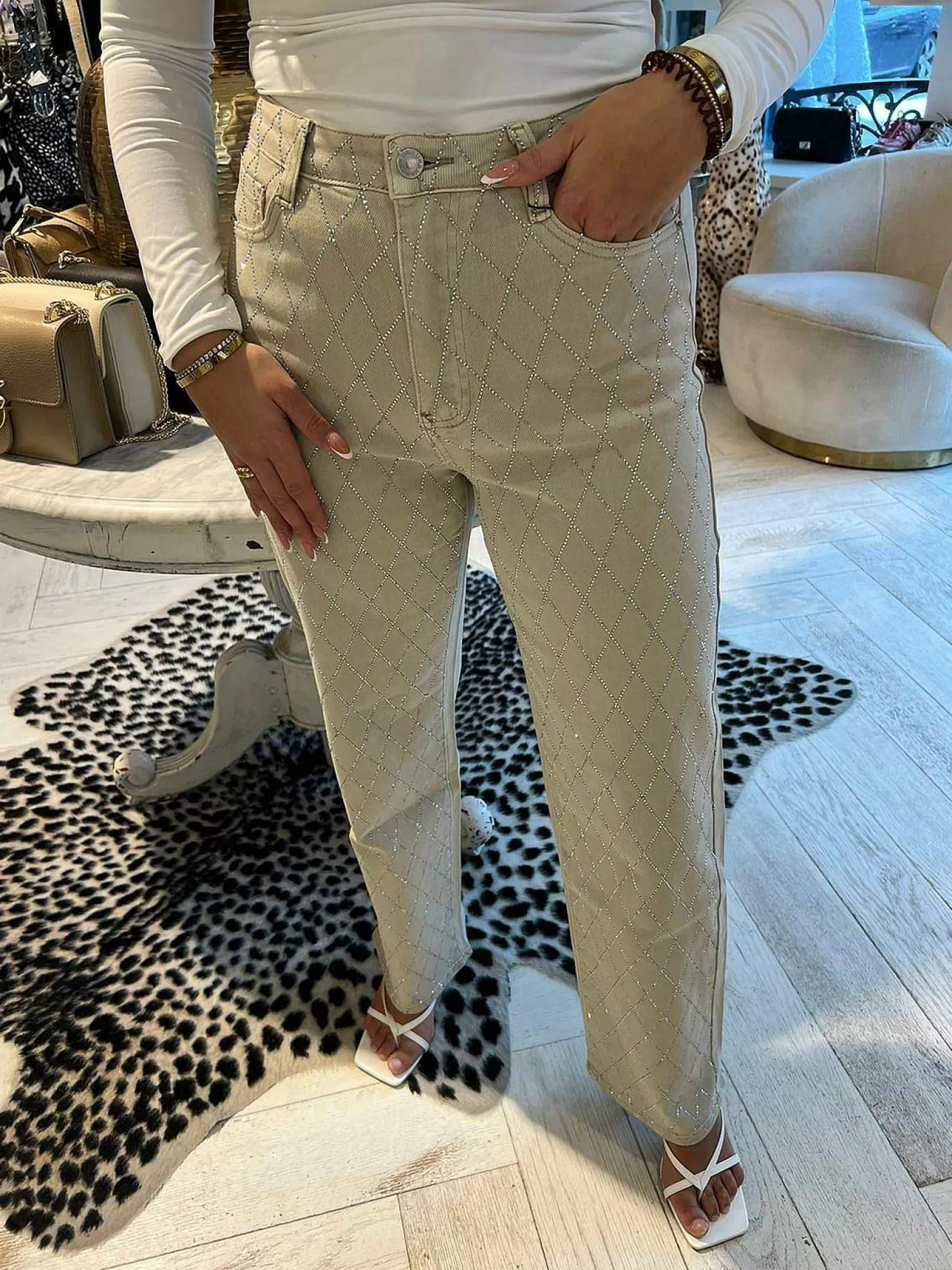 LOF Boutique Broeken>Mila Strass Jeans Light Beige