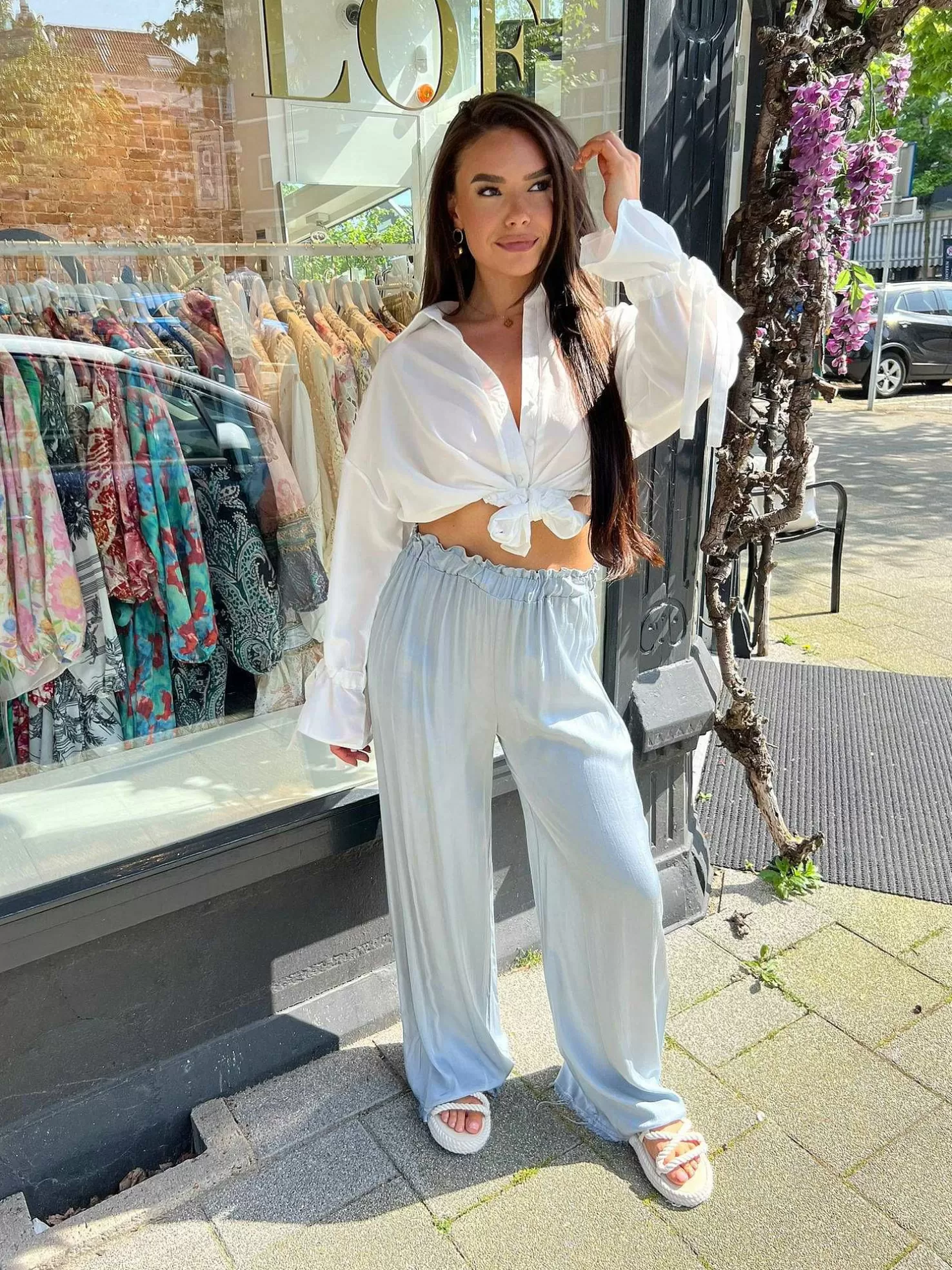 LOF Boutique Broeken>Nala Silky Ruffle Pants Ocean Blue