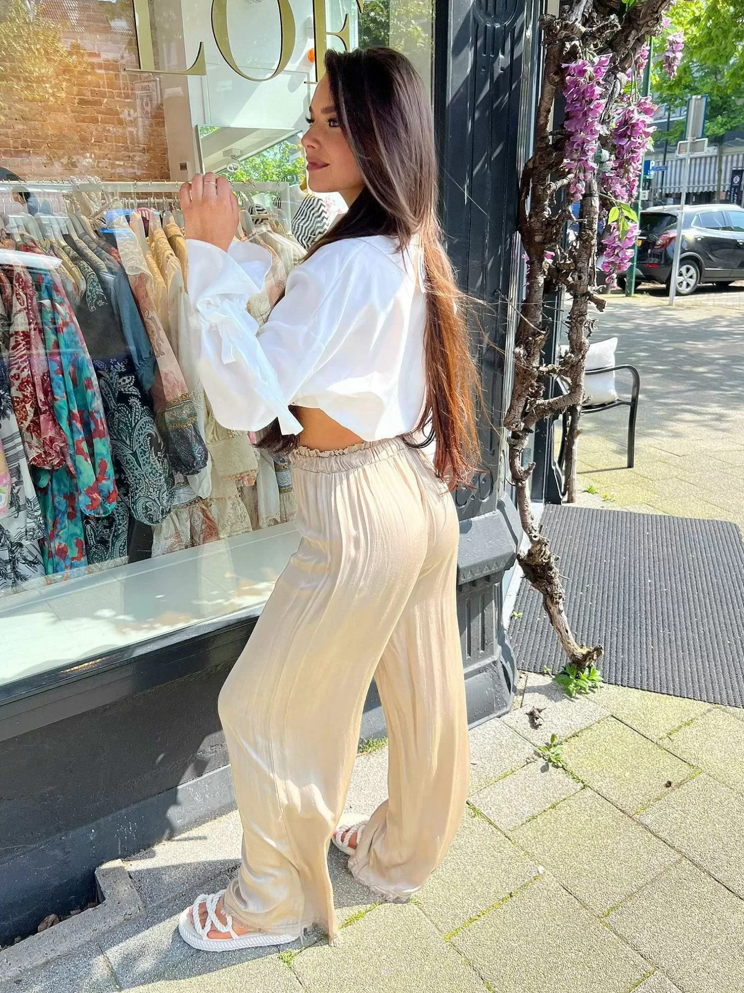 LOF Boutique Broeken>Nala Silky Ruffle Pants Taupe