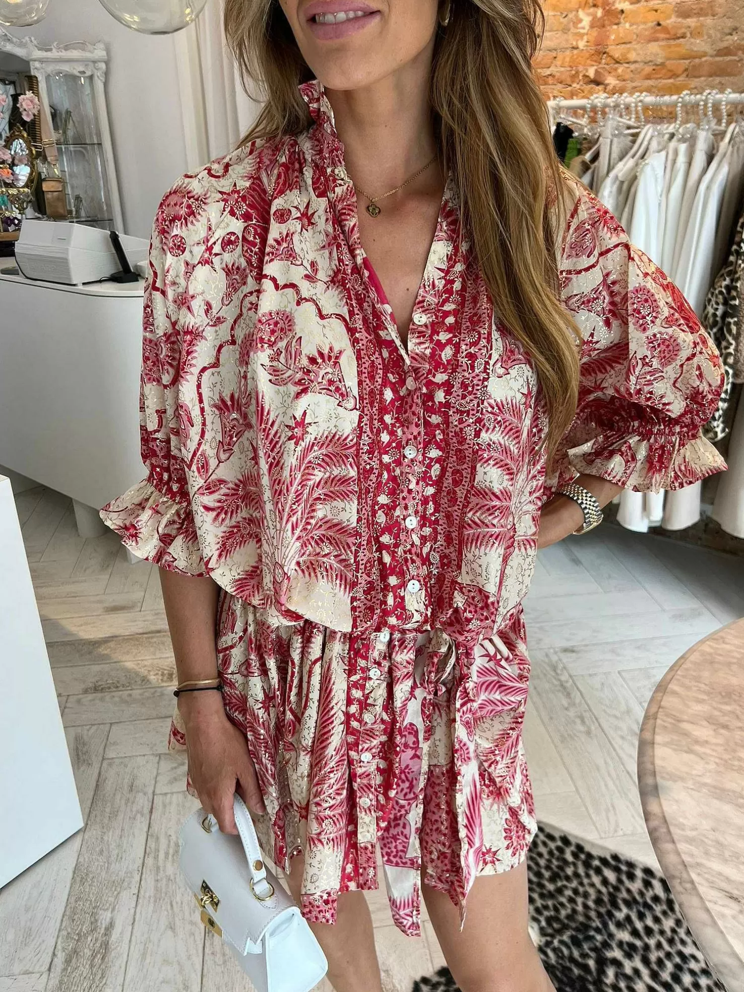 LOF Boutique Jurken>Ruby Golden Print Dress Fuchsia
