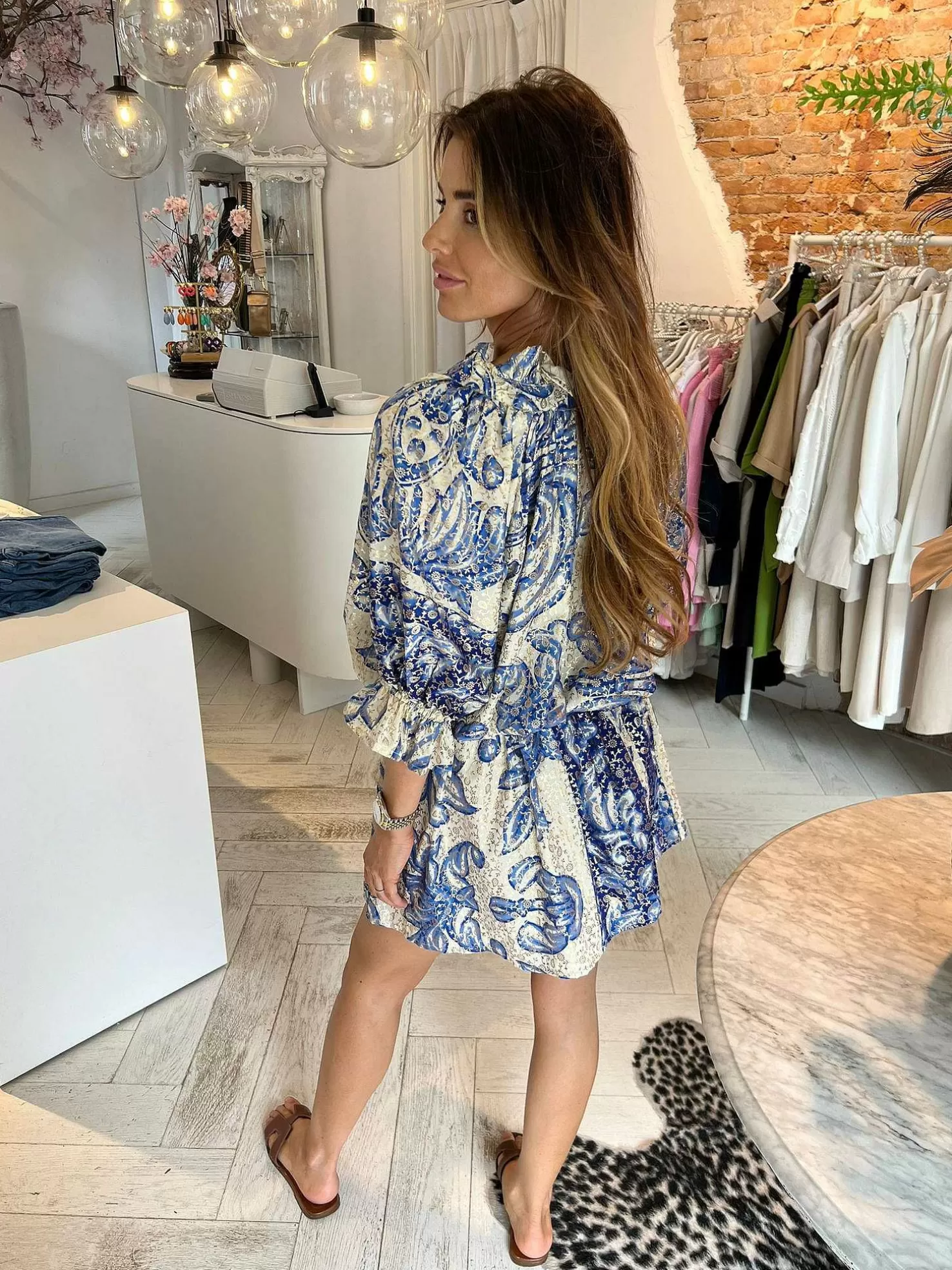 LOF Boutique Jurken>Ruby Golden Print Dress Ocean Blue