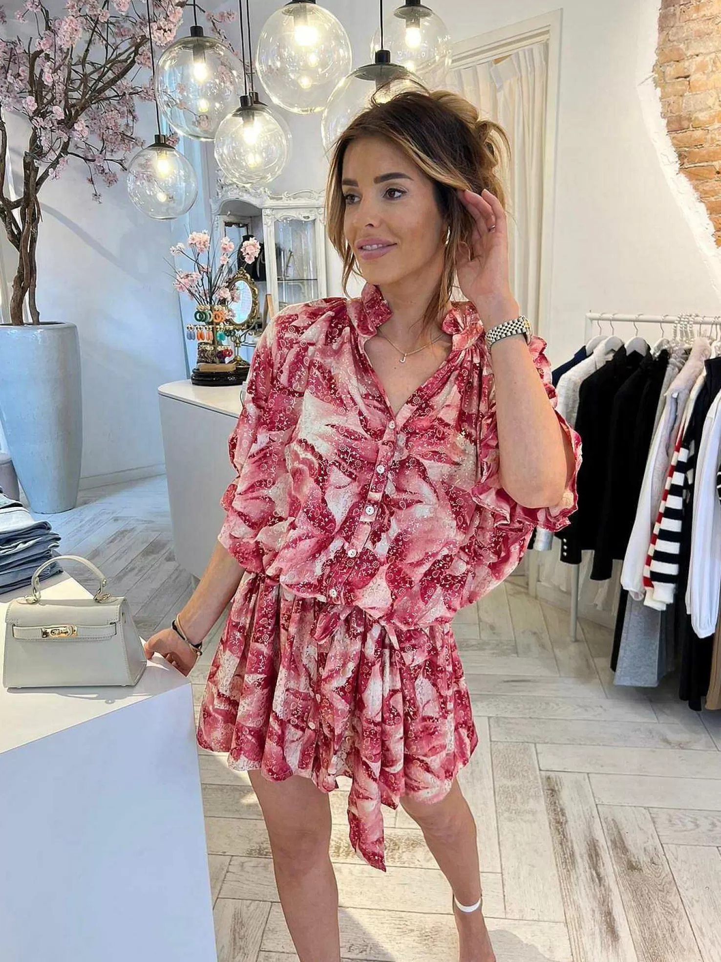 LOF Boutique Jurken>Ruby Golden Print Dress Pink