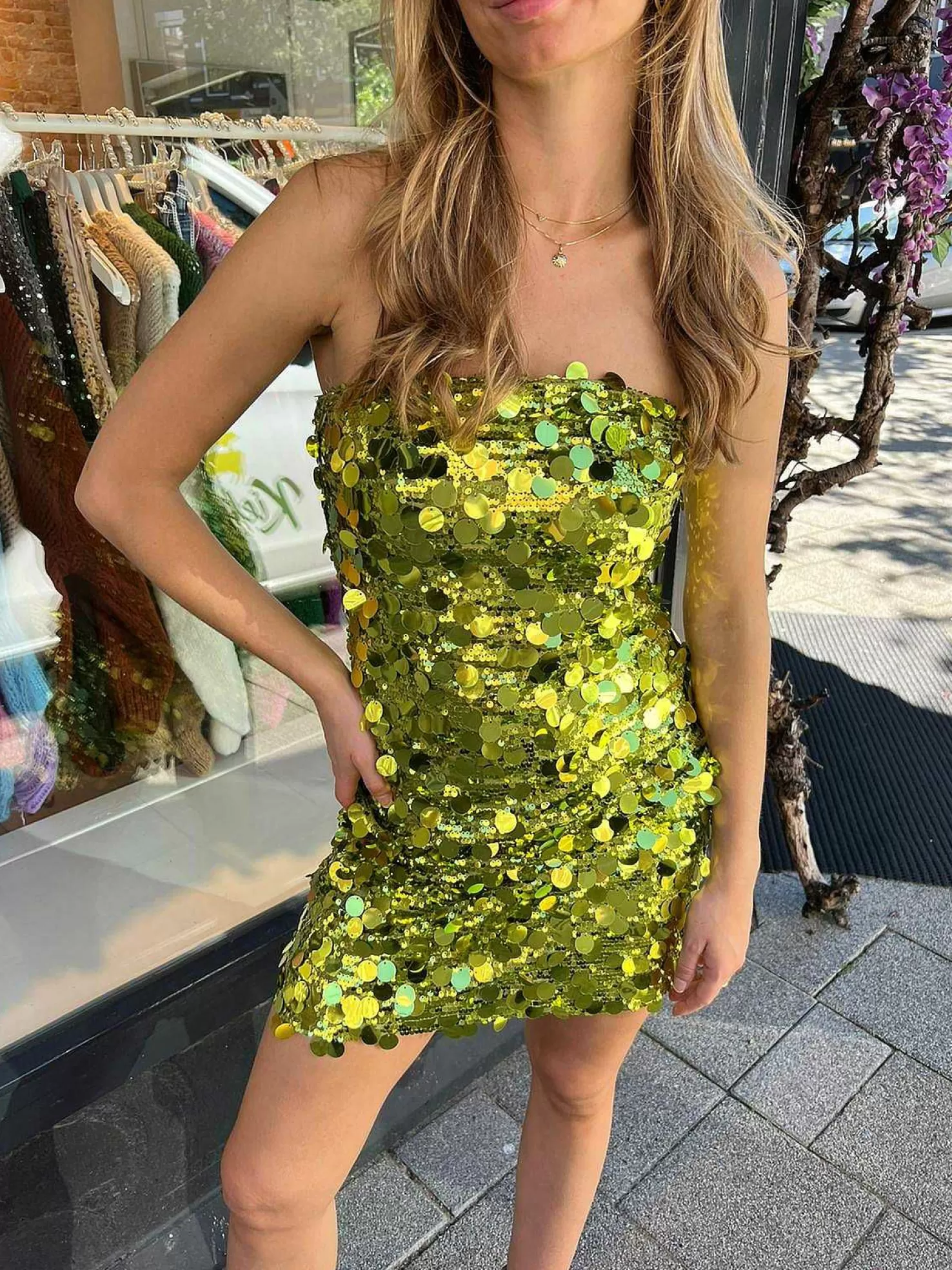 LOF Boutique Jurken>Sequin Strapless Dress Lime