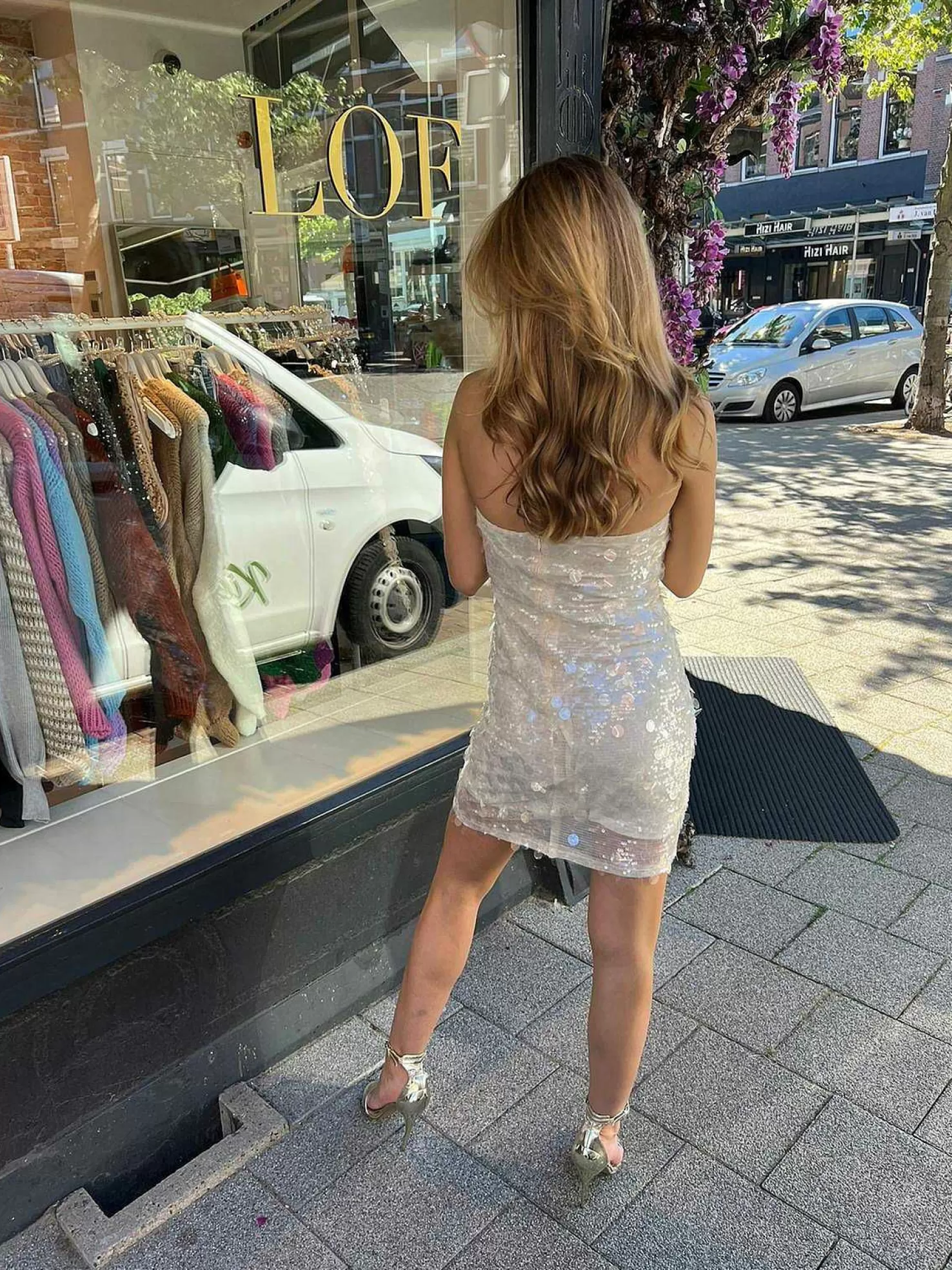 LOF Boutique Jurken>Sequin Strapless Dress Off White