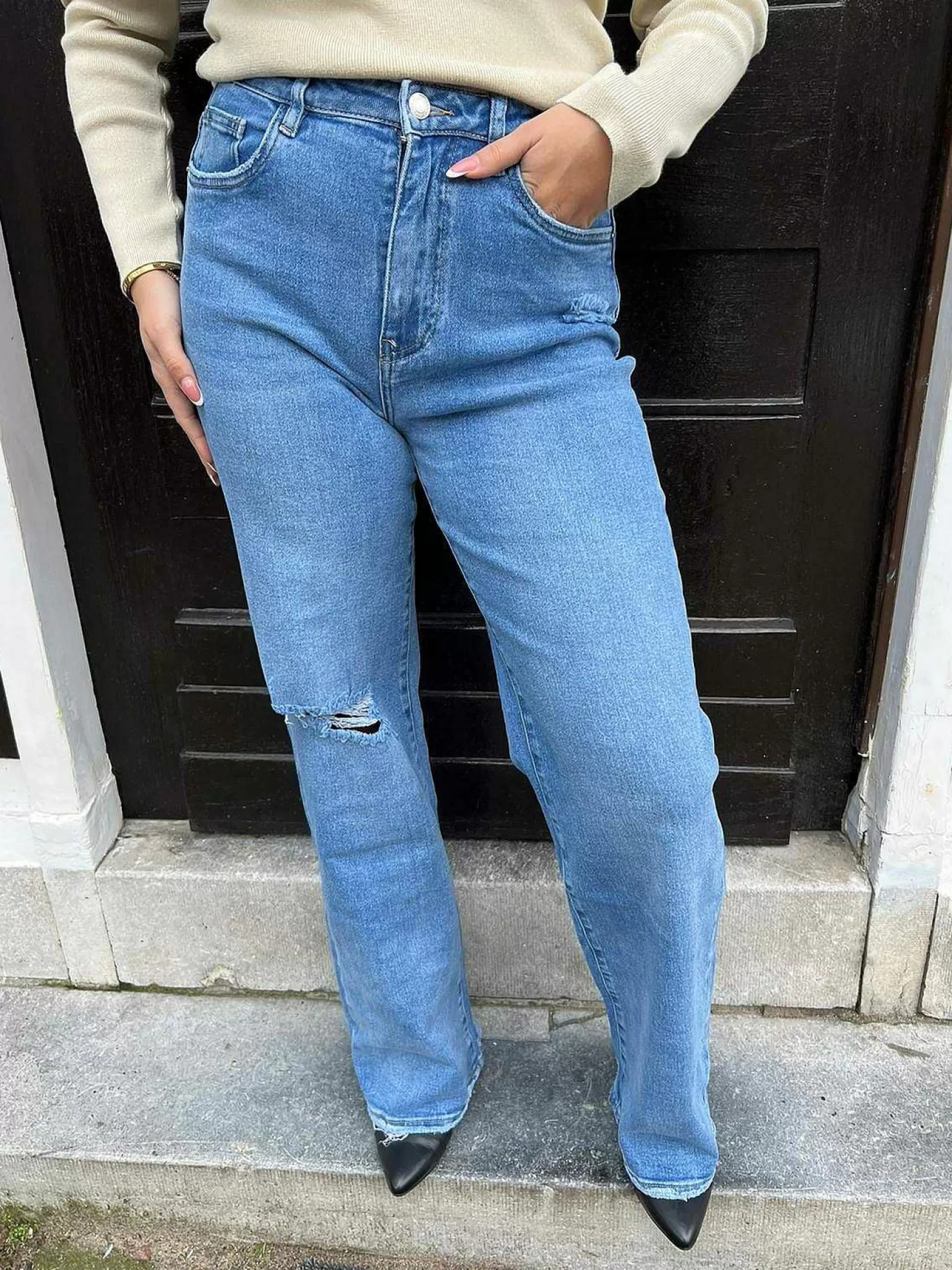 LOF Boutique Broeken>Straight Leg Raw Edge Jeans Blue