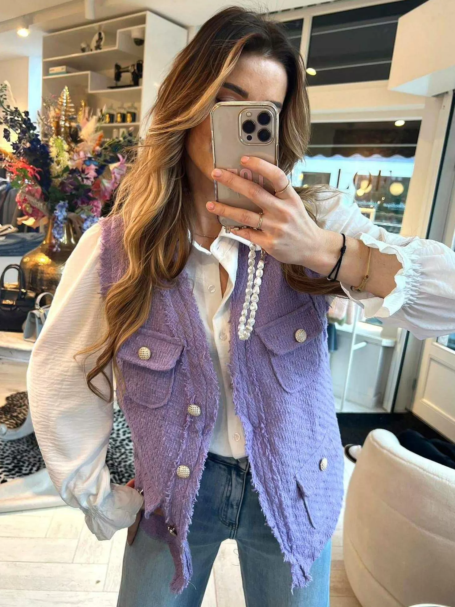 LOF Boutique Gilets>Veerle Tweed Gilet Purple