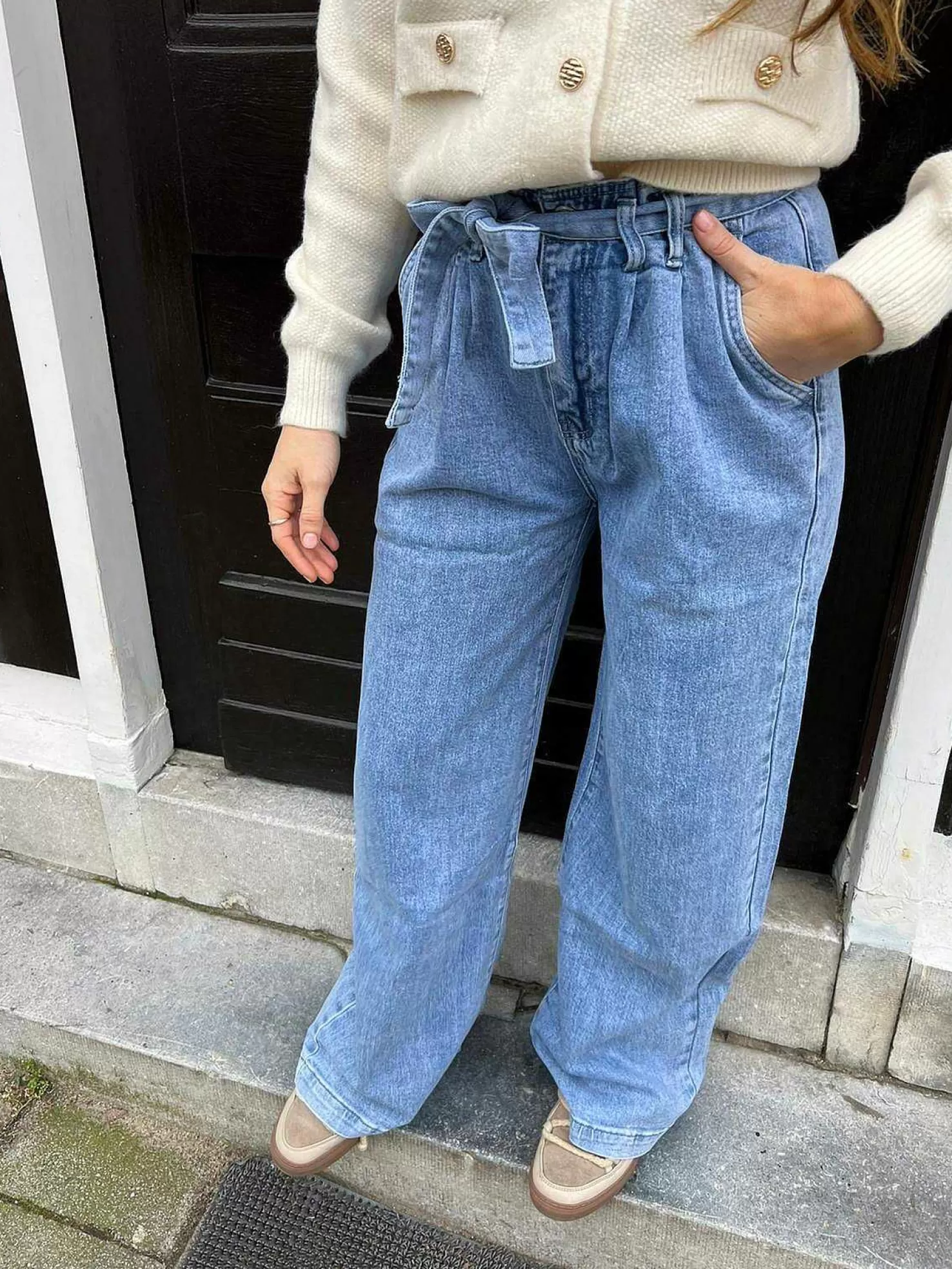 LOF Boutique Broeken>Wide Leg Belt Jeans Blue