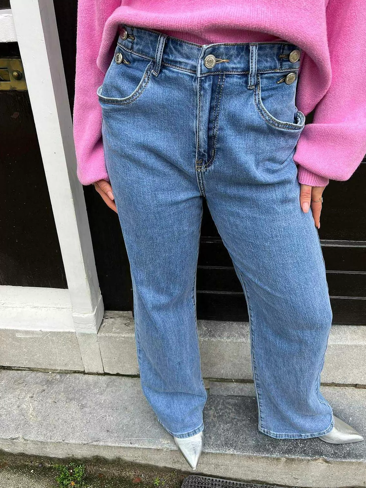 LOF Boutique Broeken>Wide Leg Button Jeans Blue
