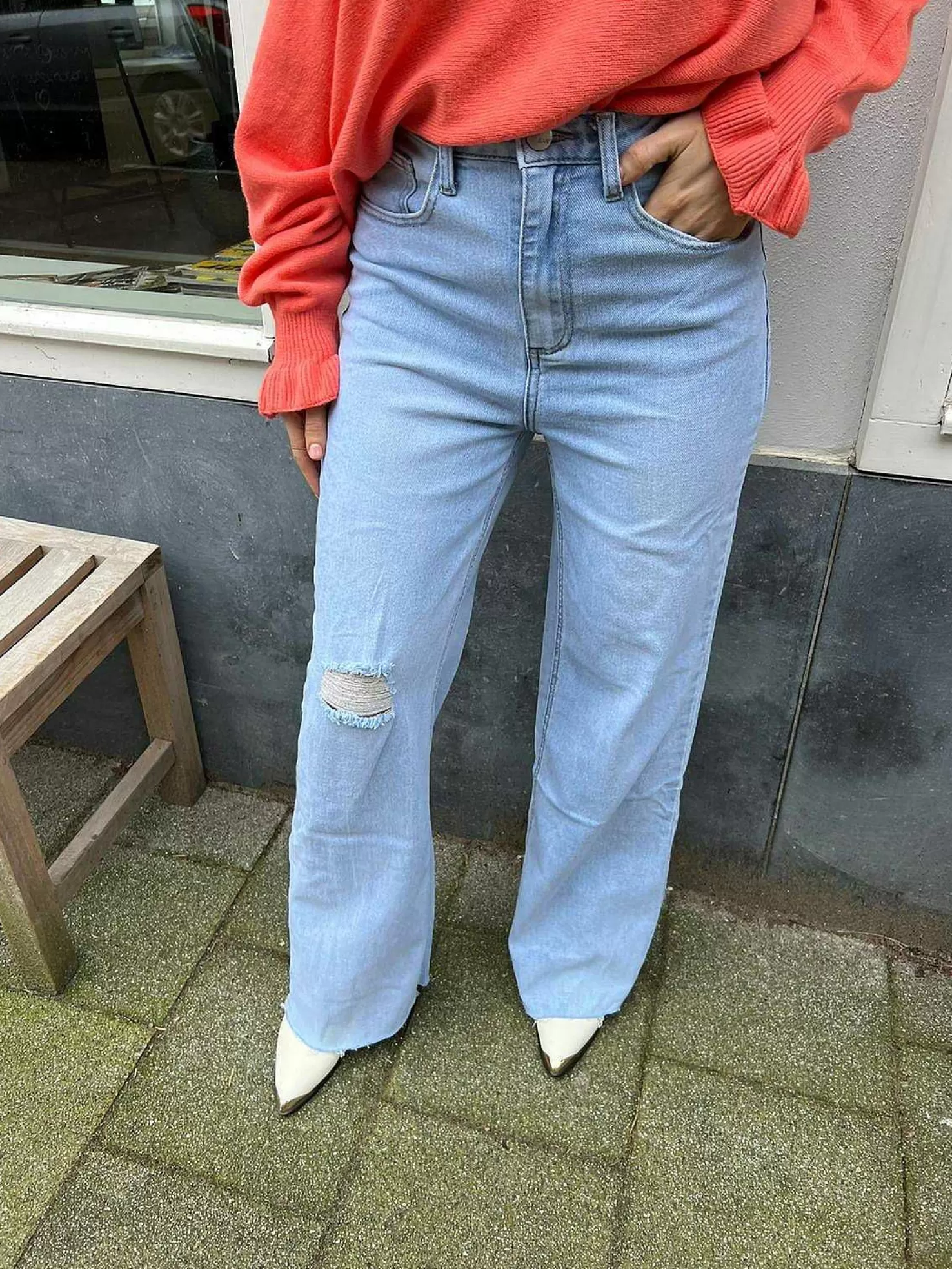 LOF Boutique Broeken>Wide Leg Ribbed Knee Jeans Blue