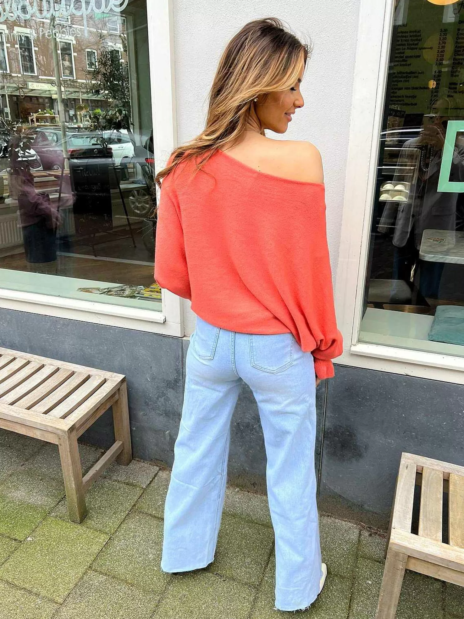 LOF Boutique Broeken>Wide Leg Ribbed Knee Jeans Blue