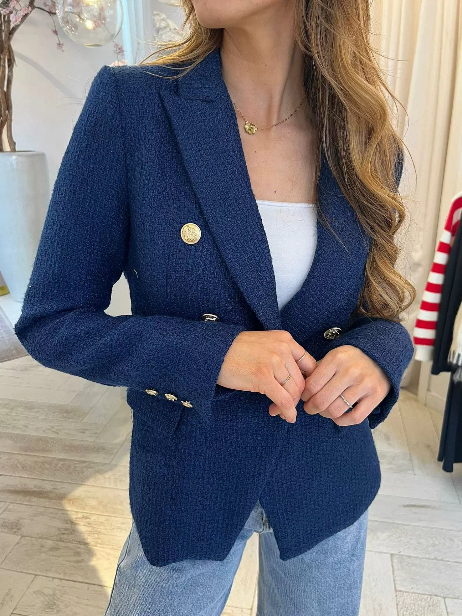 LOF Boutique Blazers>Yasmine Tweed Blazer Navy