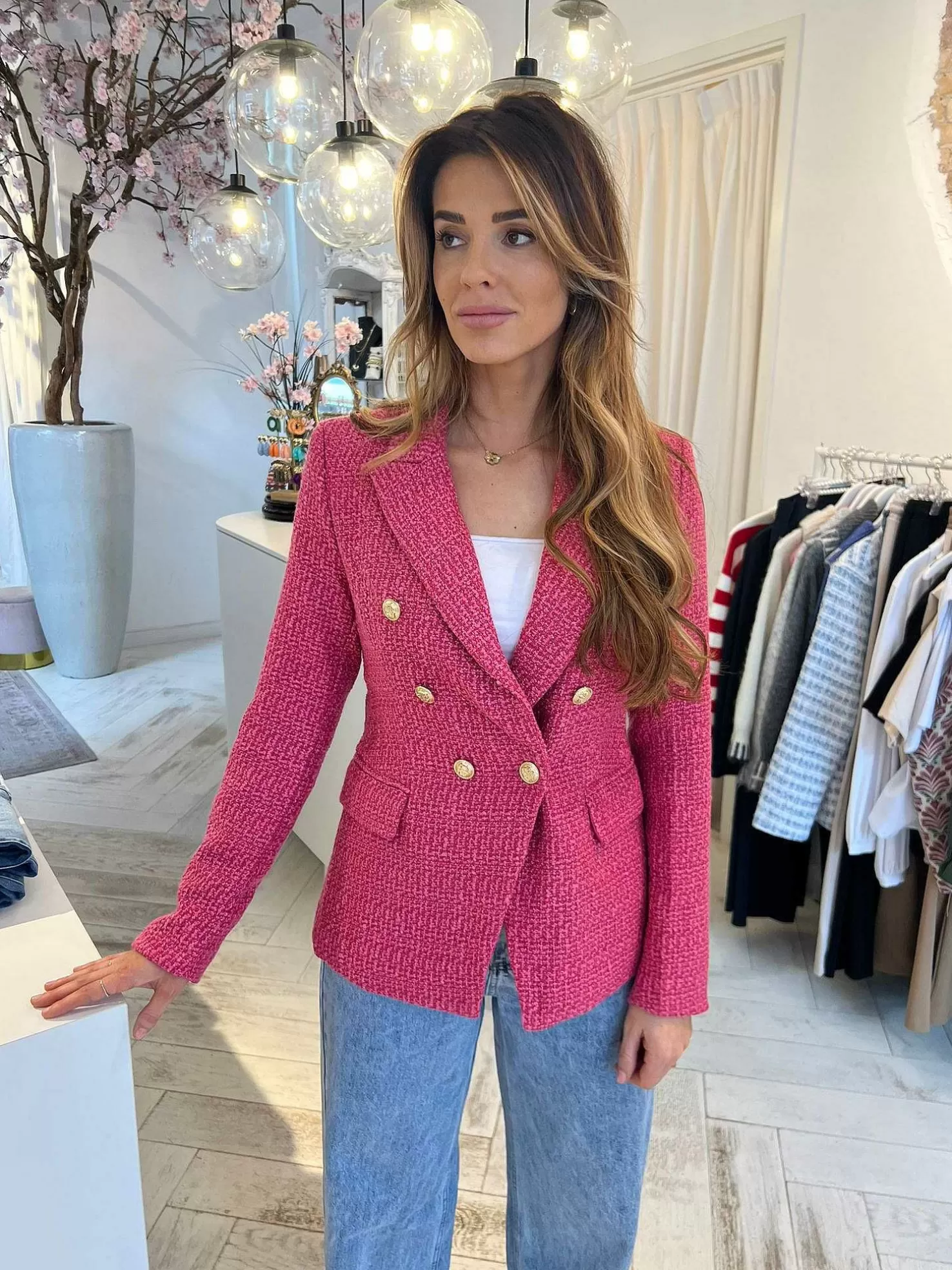 LOF Boutique Blazers>Yasmine Tweed Blazer Pink