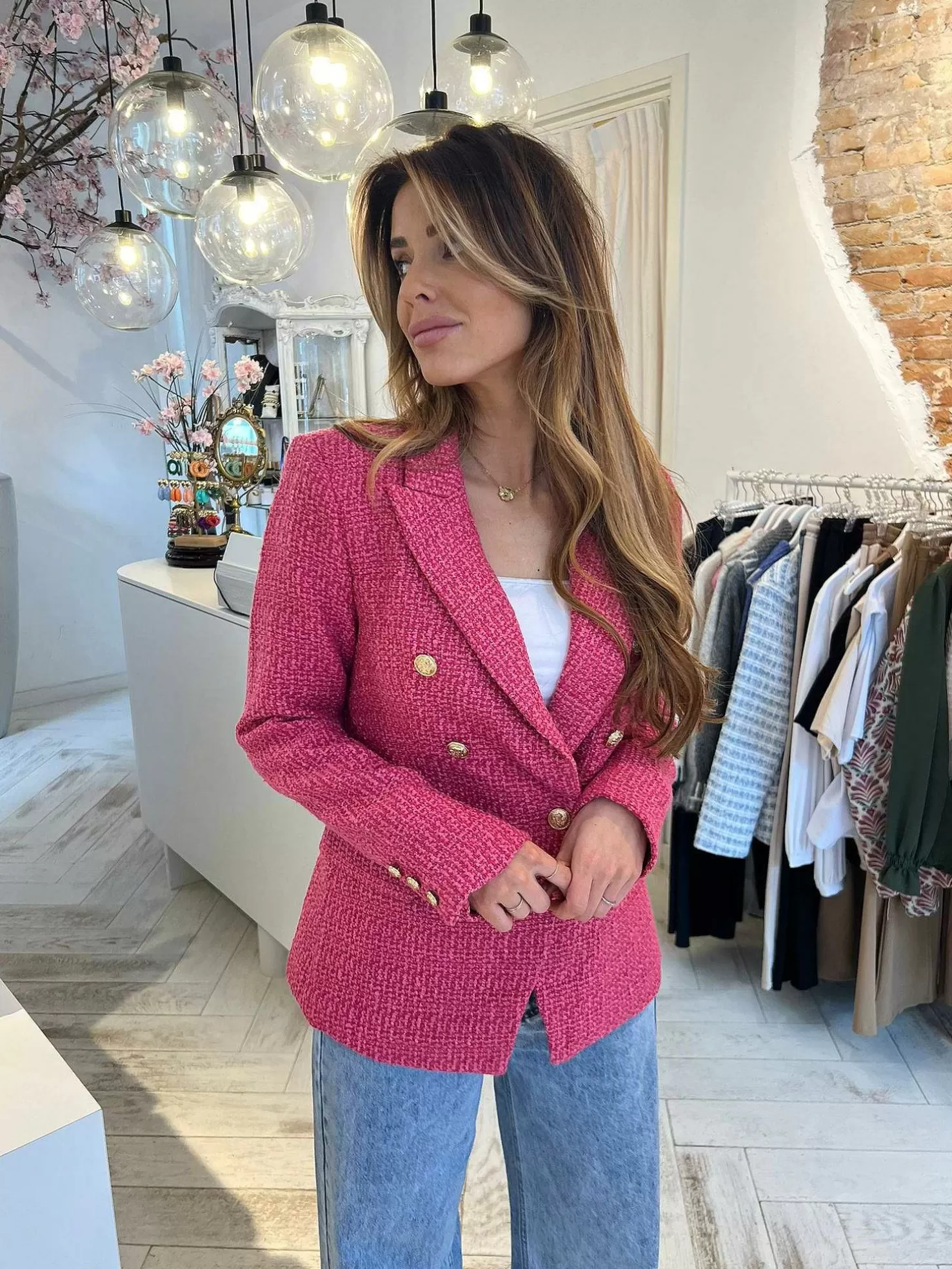 LOF Boutique Blazers>Yasmine Tweed Blazer Pink